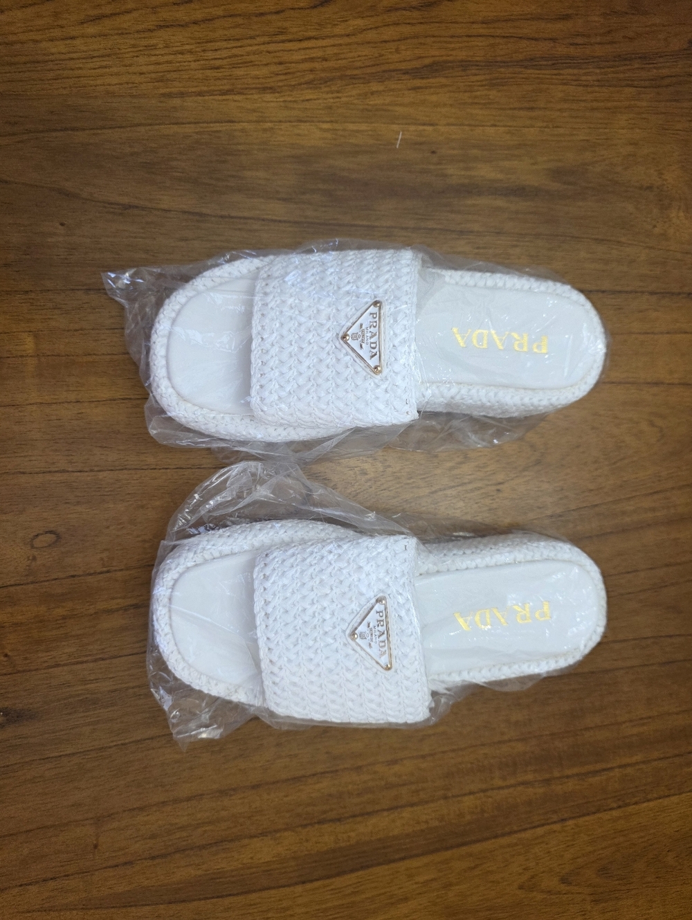 Prada White  Woven Slide Sandals  (New) - Picture 5 of 9
